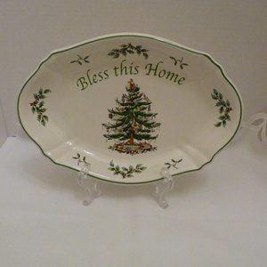 Spode Christmas Tree Bless This Home Oval 11 Inch Serving Tray Like New in Box